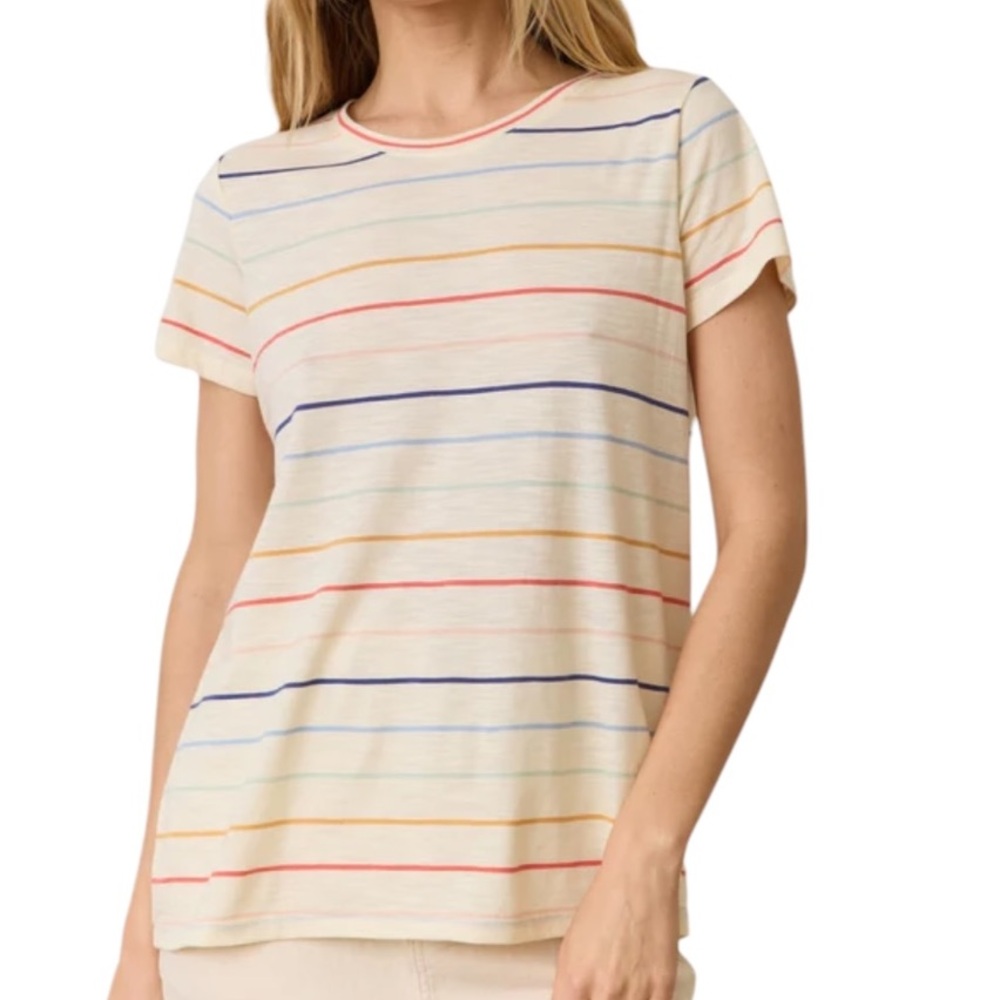 Marine Layer Striped Print Short Sleeve Crew Swing Tee in Rainbow Stripe - L